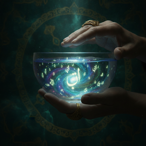 Glowing crystal ball with Arabic letters